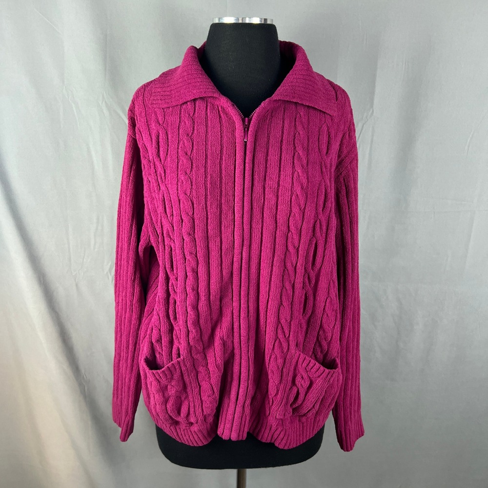 Classic Elements Cardigan Sweater Womens 16-18W Vibrant Pink Cable Knit Full Zip